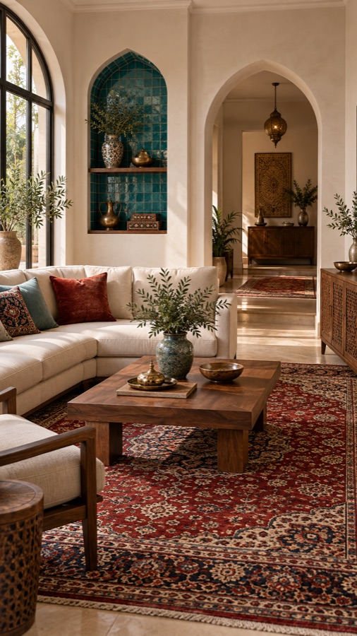 A warm contemporary room with Persian-inspired details.