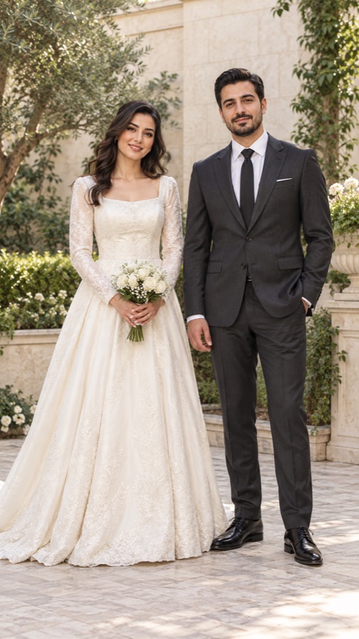A woman and man wearing wedding outfits.